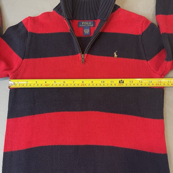 Polo Ralph Lauren Striped 1/4 Zip Thick Sweater 100% Cotton Knit Large 14-16 Red - Picture 5 of 6